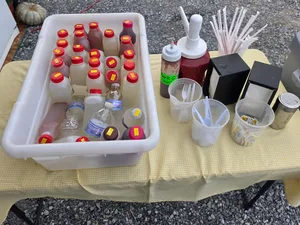 Homemade lemonade, iced tea, and condiments at the food stand in Honey Brook, PA